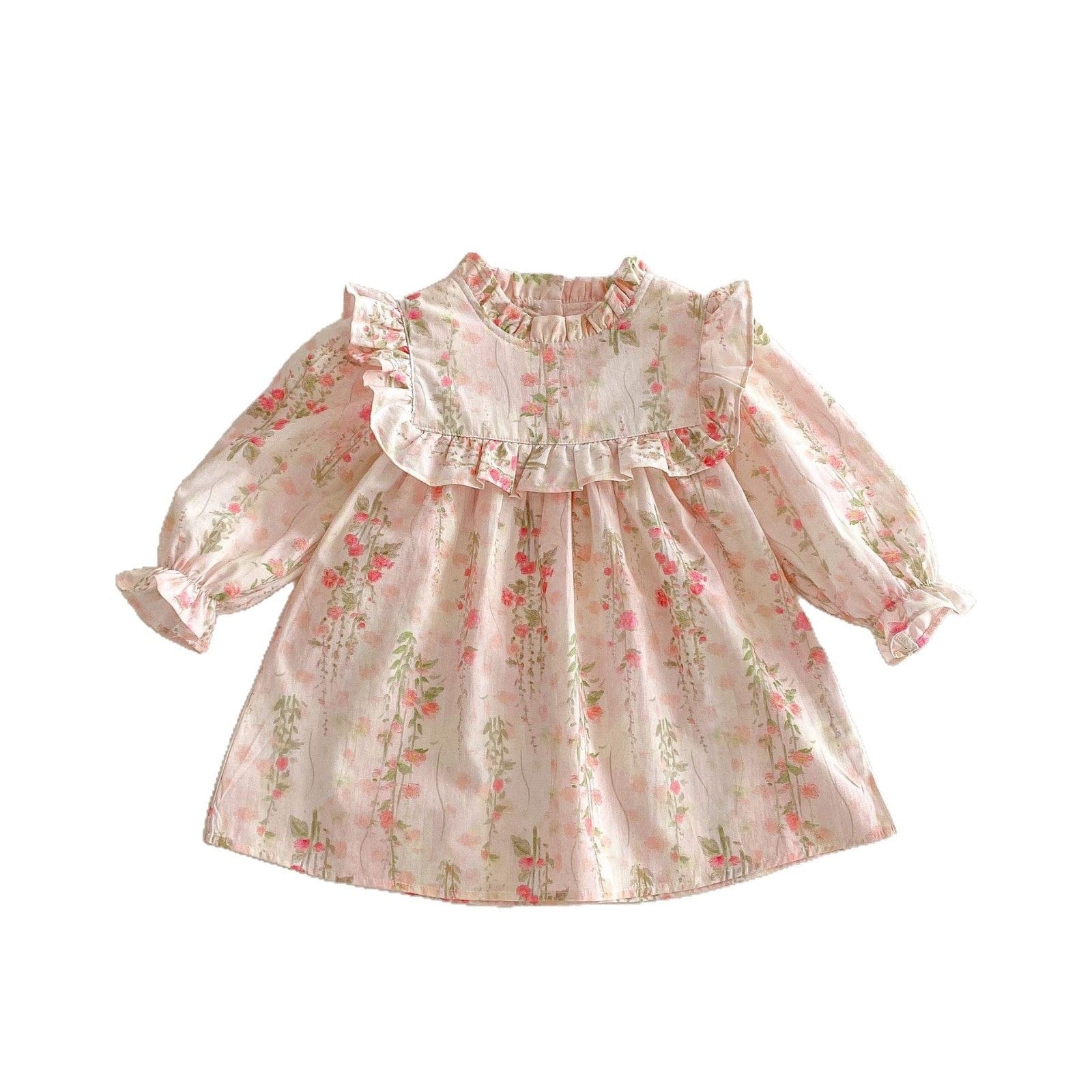 長袖ワンピース フラワープリントフリル長袖ドレスワンピース【mh0009237】