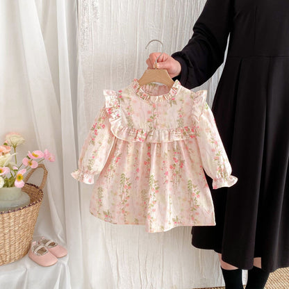 長袖ワンピース フラワープリントフリル長袖ドレスワンピース【mh0009237】