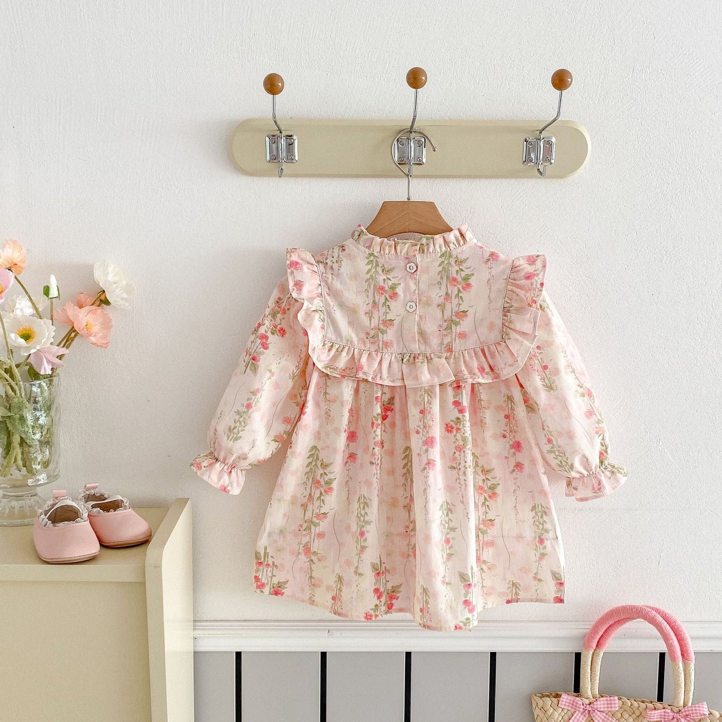 長袖ワンピース フラワープリントフリル長袖ドレスワンピース【mh0009237】