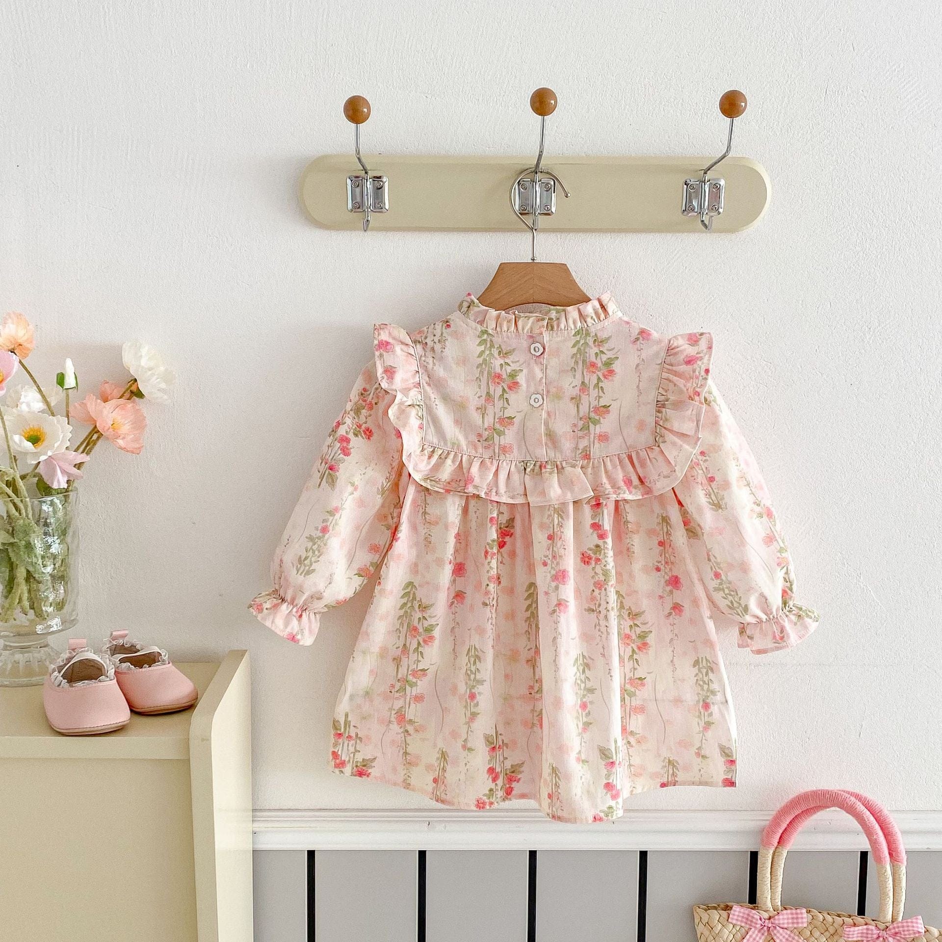 長袖ワンピース フラワープリントフリル長袖ドレスワンピース【mh0009237】