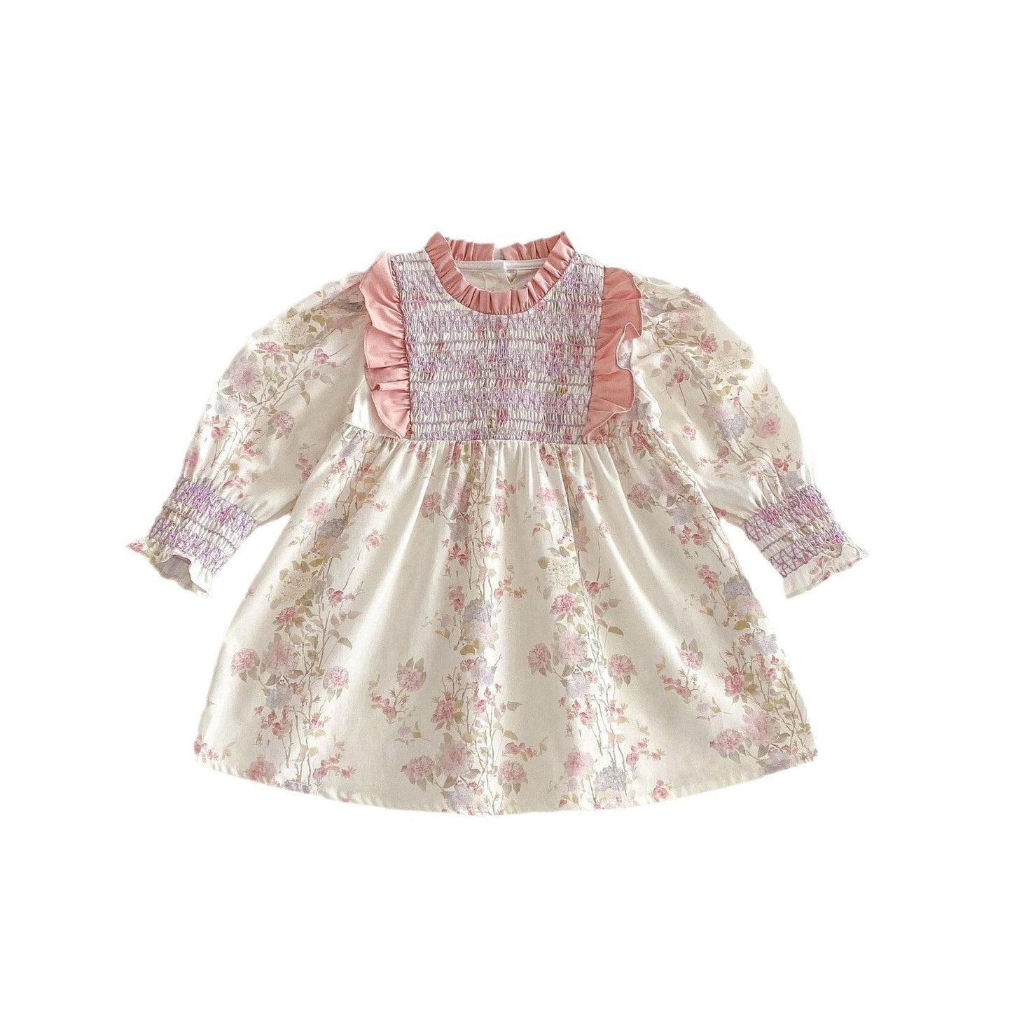 長袖ワンピース シャーリングフリルフラワープリント長袖ワンピース【mh0009240】