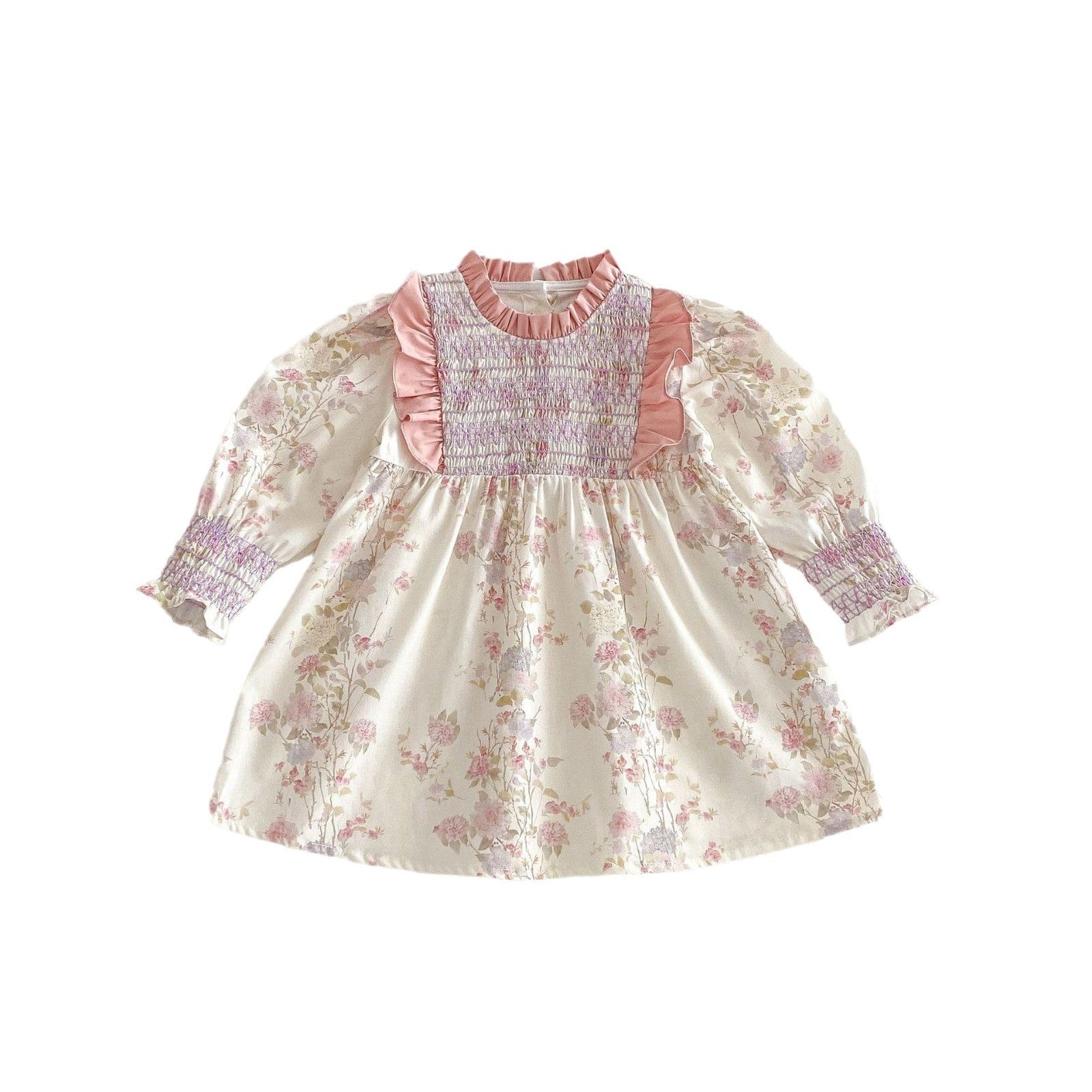 長袖ワンピース シャーリングフリルフラワープリント長袖ワンピース【mh0009240】