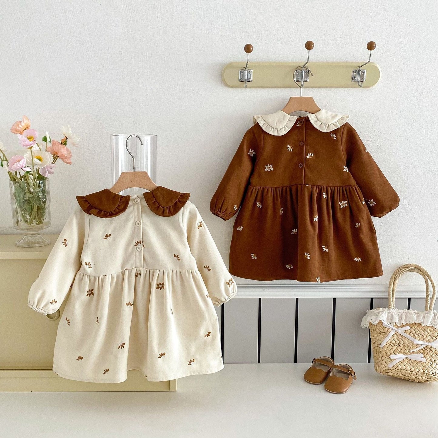 長袖ワンピース ぷっくりフラワー襟刺繍長袖ワンピース【mh0009241】