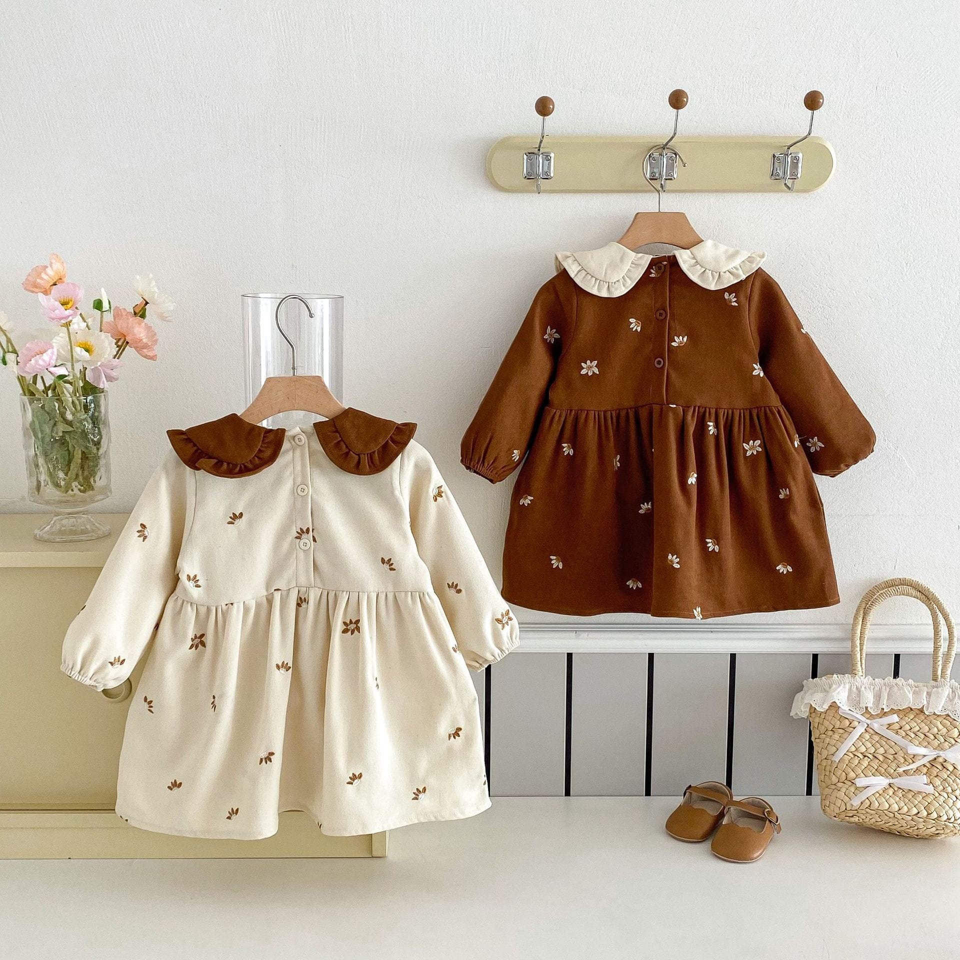 長袖ワンピース ぷっくりフラワー襟刺繍長袖ワンピース【mh0009241】