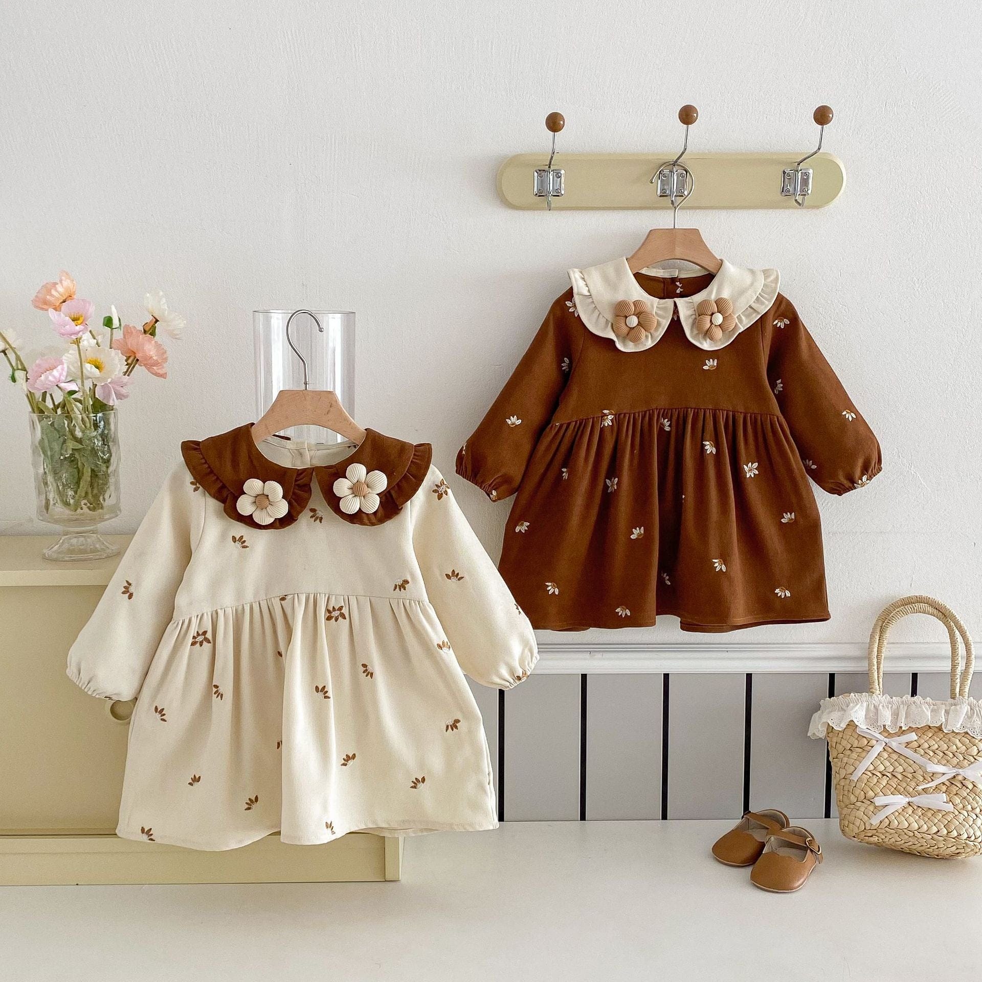 長袖ワンピース ぷっくりフラワー襟刺繍長袖ワンピース【mh0009241】