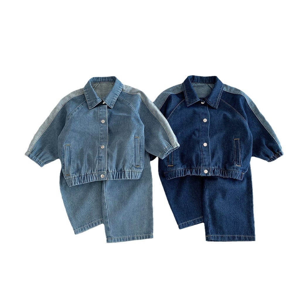 長袖セットアップ デニムセットアップ サイドパッチワーク長袖シャツ/ロングルーズパンツ【mh0009244】