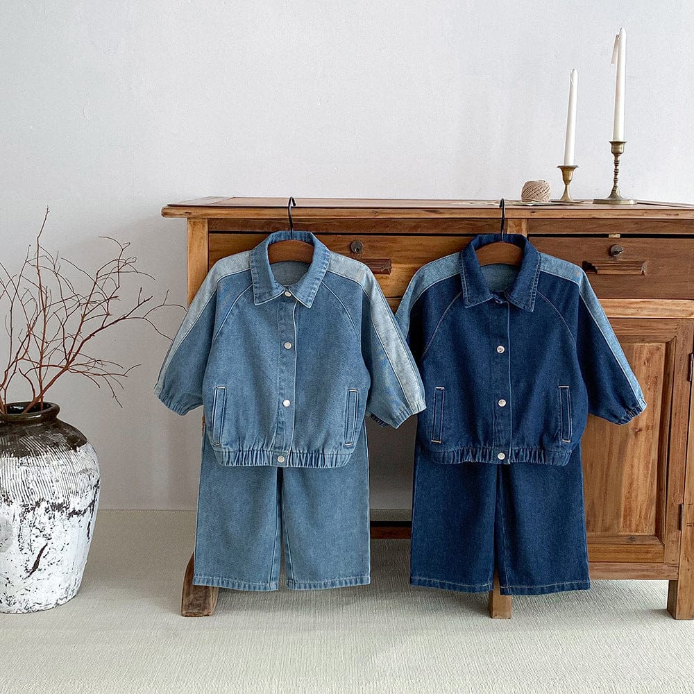 長袖セットアップ デニムセットアップ サイドパッチワーク長袖シャツ/ロングルーズパンツ【mh0009244】