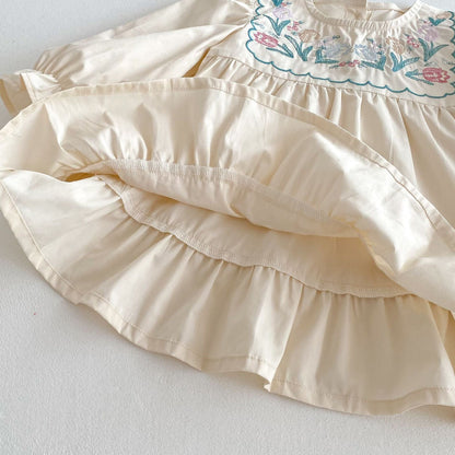 長袖ワンピース フラワー刺繍フリル長袖ドレスワンピース【mh0009245】