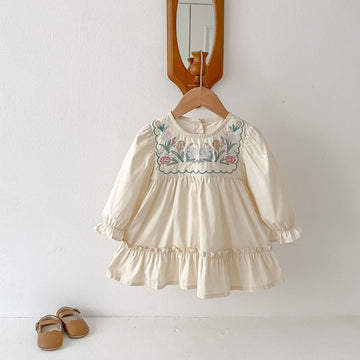 長袖ワンピース フラワー刺繍フリル長袖ドレスワンピース【mh0009245】