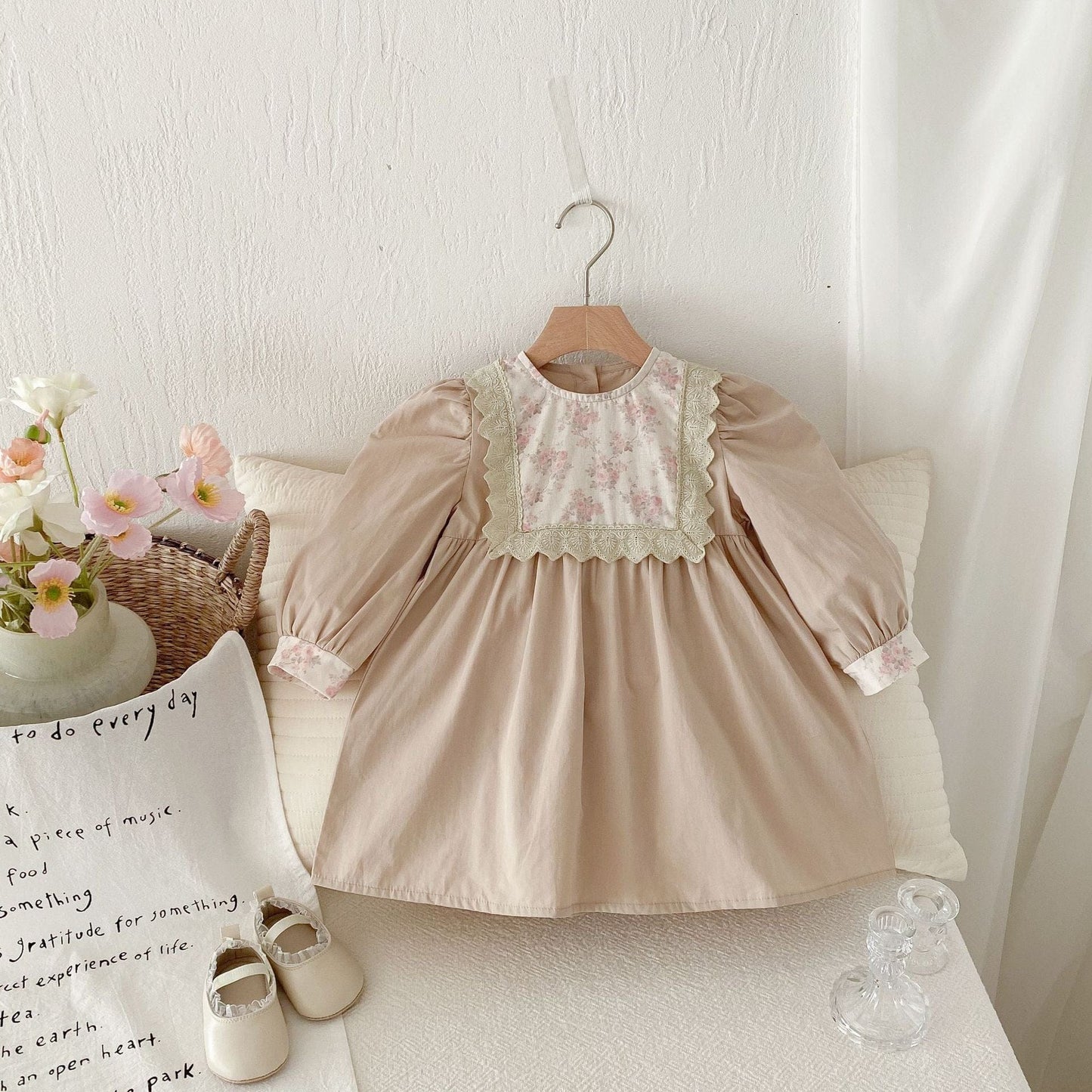 長袖ワンピース レースフリルフラワー長袖パフスリーブワンピース【mh0009249】