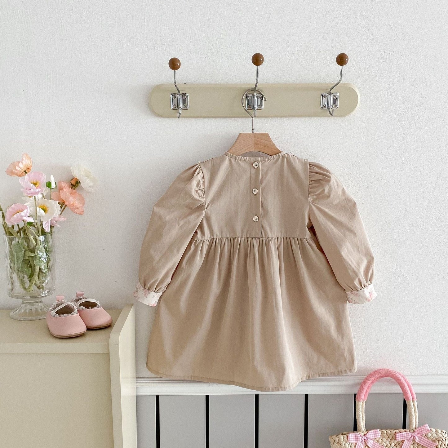 長袖ワンピース レースフリルフラワー長袖パフスリーブワンピース【mh0009249】