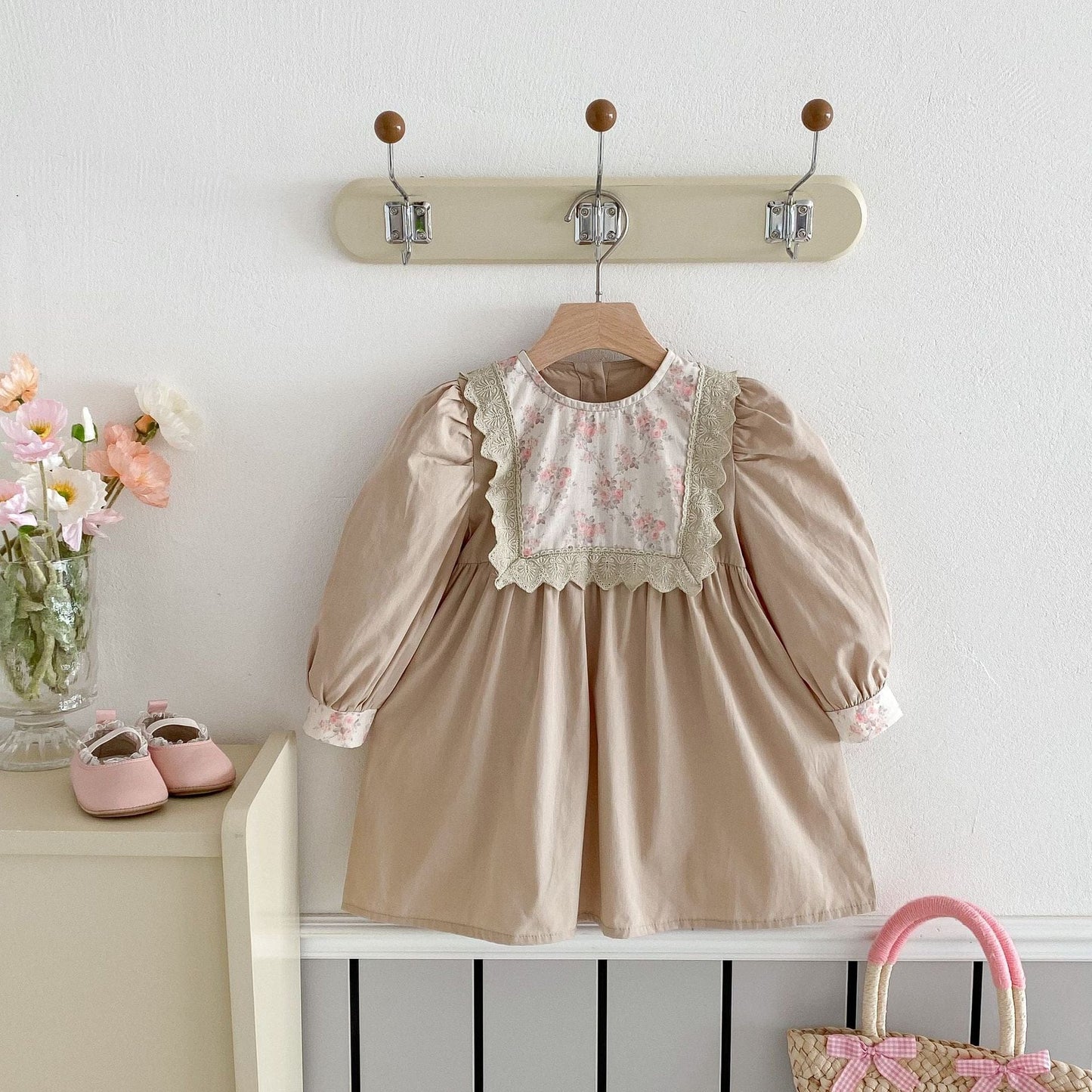 長袖ワンピース レースフリルフラワー長袖パフスリーブワンピース【mh0009249】