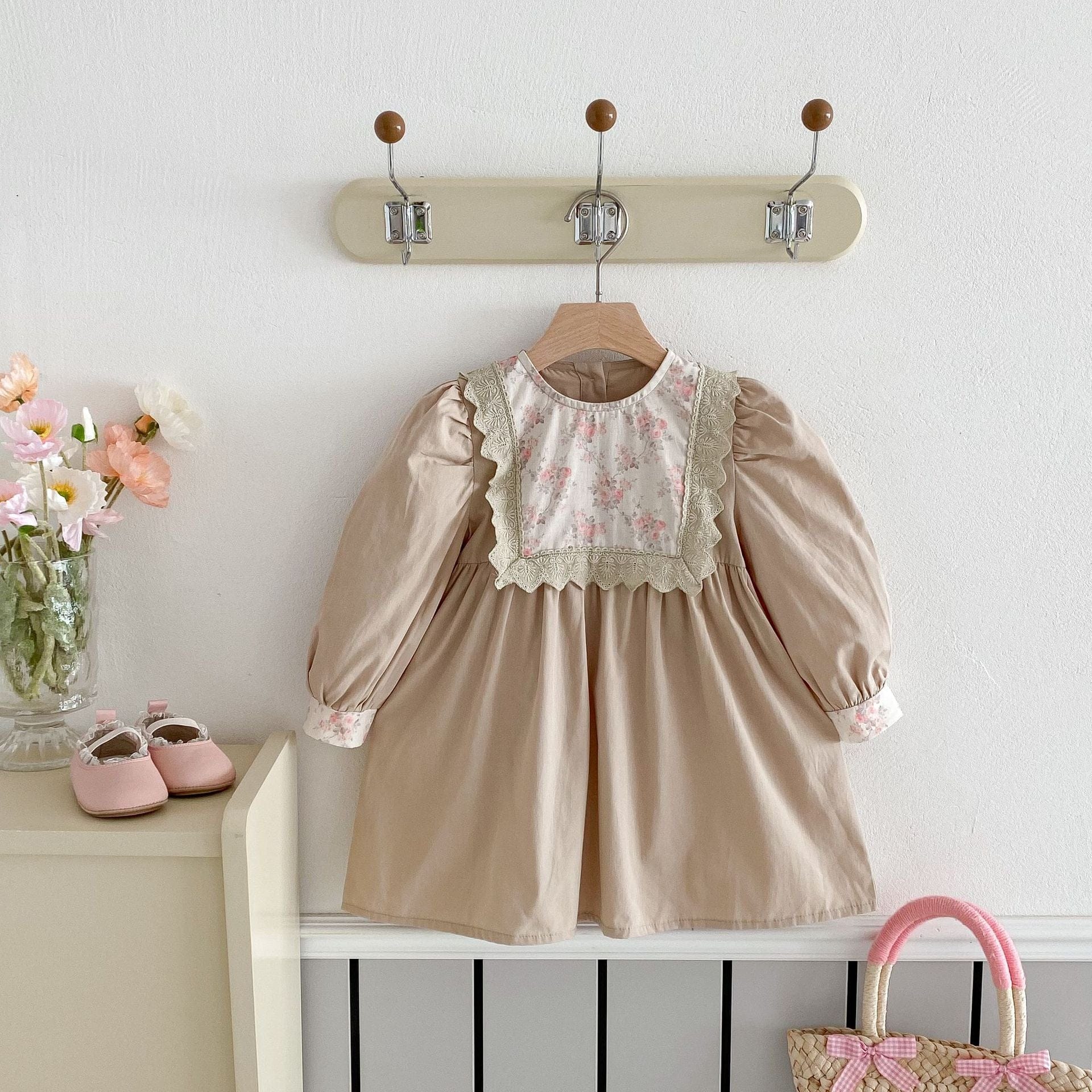 長袖ワンピース レースフリルフラワー長袖パフスリーブワンピース【mh0009249】