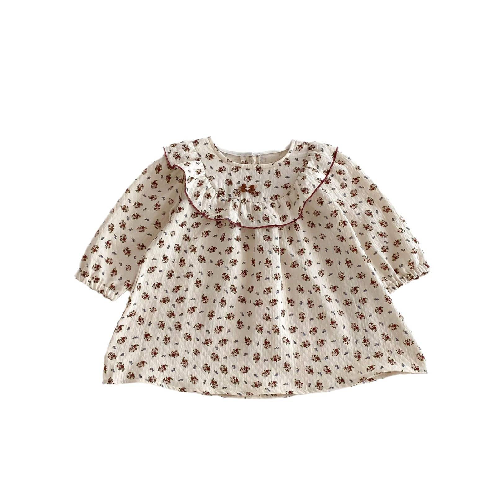 長袖ワンピース ラッフル襟フラワープリント長袖ワンピース【mh0009252】