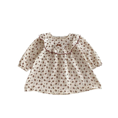 長袖ワンピース ラッフル襟フラワープリント長袖ワンピース【mh0009252】