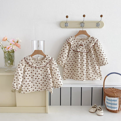 長袖ワンピース ラッフル襟フラワープリント長袖ワンピース【mh0009252】