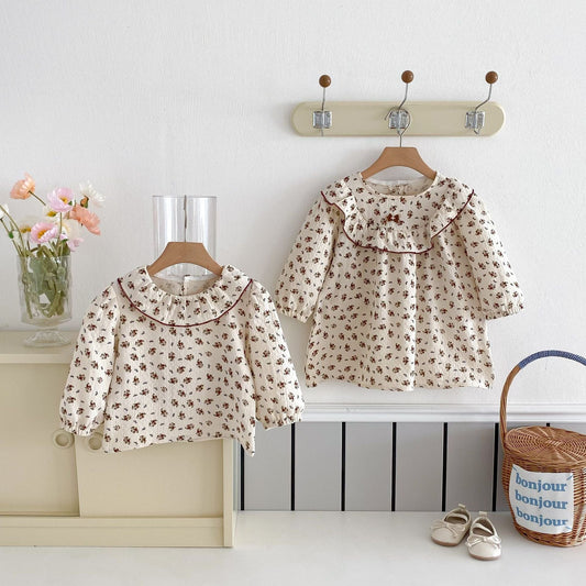 長袖ワンピース ラッフル襟フラワープリント長袖ワンピース【mh0009252】