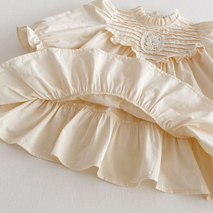 長袖ワンピース 刺繍レースフリル長袖パフスリーブプリンセスワンピース【mh0009255】