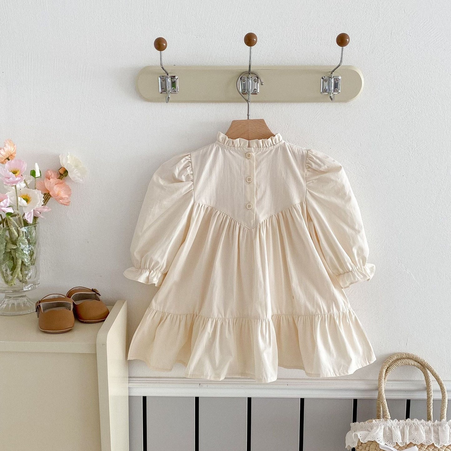 長袖ワンピース 刺繍レースフリル長袖パフスリーブプリンセスワンピース【mh0009255】