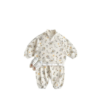 長袖セットアップ スポーツセットアップ プリント柄ハーフジップ長袖スウェットシャツ+スウェットパンツ【mh0009256】