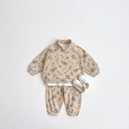 長袖セットアップ スポーツセットアップ プリント柄ハーフジップ長袖スウェットシャツ+スウェットパンツ【mh0009256】