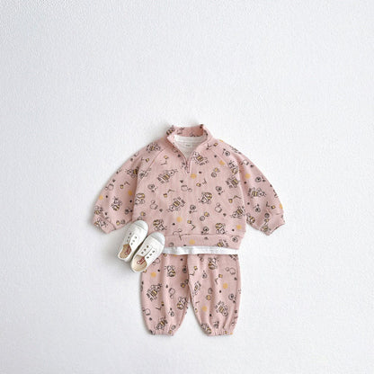 長袖セットアップ スポーツセットアップ プリント柄ハーフジップ長袖スウェットシャツ+スウェットパンツ【mh0009256】