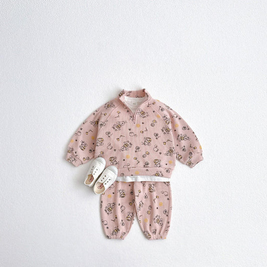 長袖セットアップ スポーツセットアップ プリント柄ハーフジップ長袖スウェットシャツ+スウェットパンツ【mh0009256】