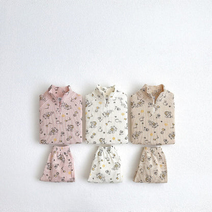 長袖セットアップ スポーツセットアップ プリント柄ハーフジップ長袖スウェットシャツ+スウェットパンツ【mh0009256】