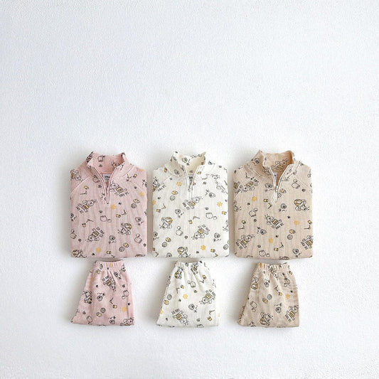 長袖セットアップ スポーツセットアップ プリント柄ハーフジップ長袖スウェットシャツ+スウェットパンツ【mh0009256】