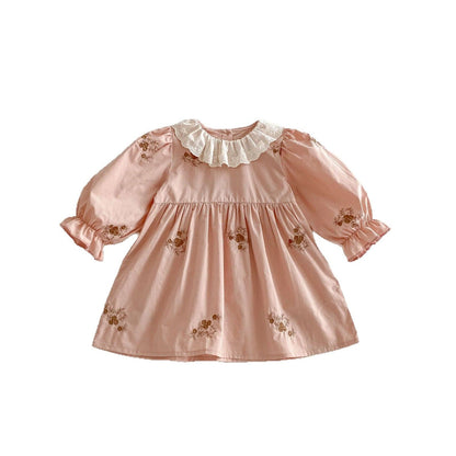 長袖ワンピース フラワー刺繍フリルカラー長袖ワンピース【mh0009257】