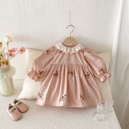 長袖ワンピース フラワー刺繍フリルカラー長袖ワンピース【mh0009257】