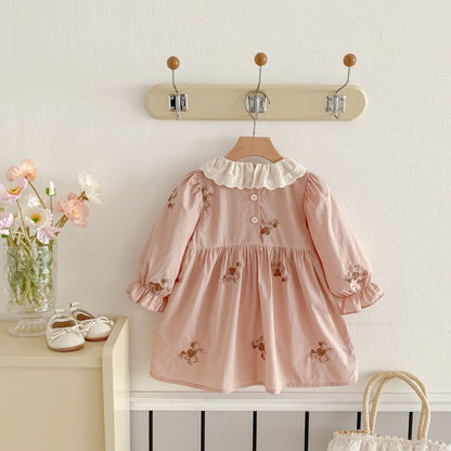 長袖ワンピース フラワー刺繍フリルカラー長袖ワンピース【mh0009257】