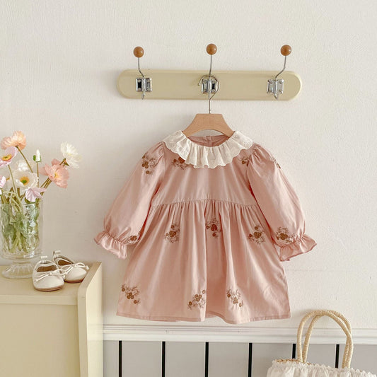 長袖ワンピース フラワー刺繍フリルカラー長袖ワンピース【mh0009257】