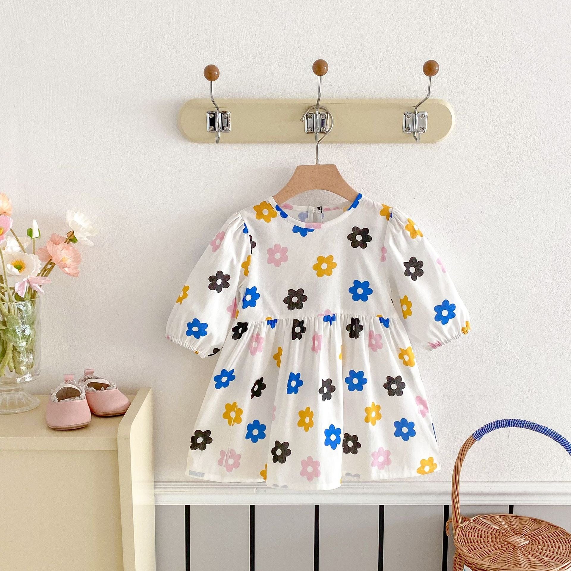 長袖ワンピース レトロカラフルフラワープリント長袖ワンピース【mh0009258】