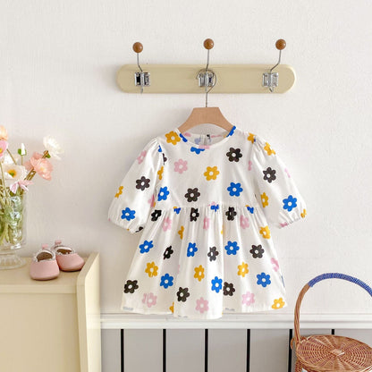 長袖ワンピース レトロカラフルフラワープリント長袖ワンピース【mh0009258】