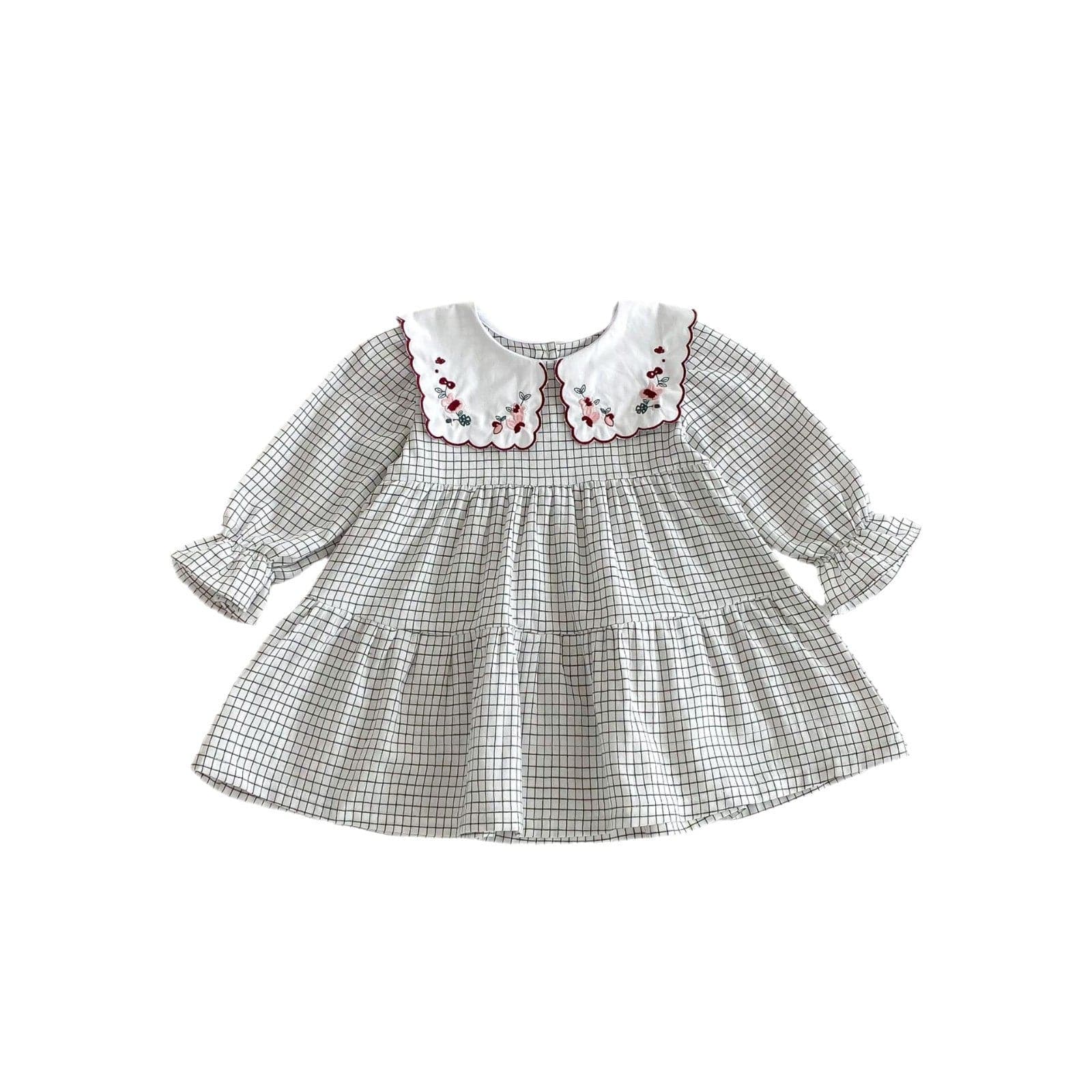 長袖ワンピース チェックフラワー刺繍襟長袖ワンピース【mh0009259】