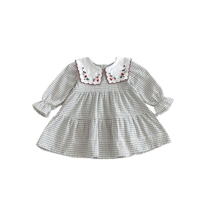 長袖ワンピース チェックフラワー刺繍襟長袖ワンピース【mh0009259】