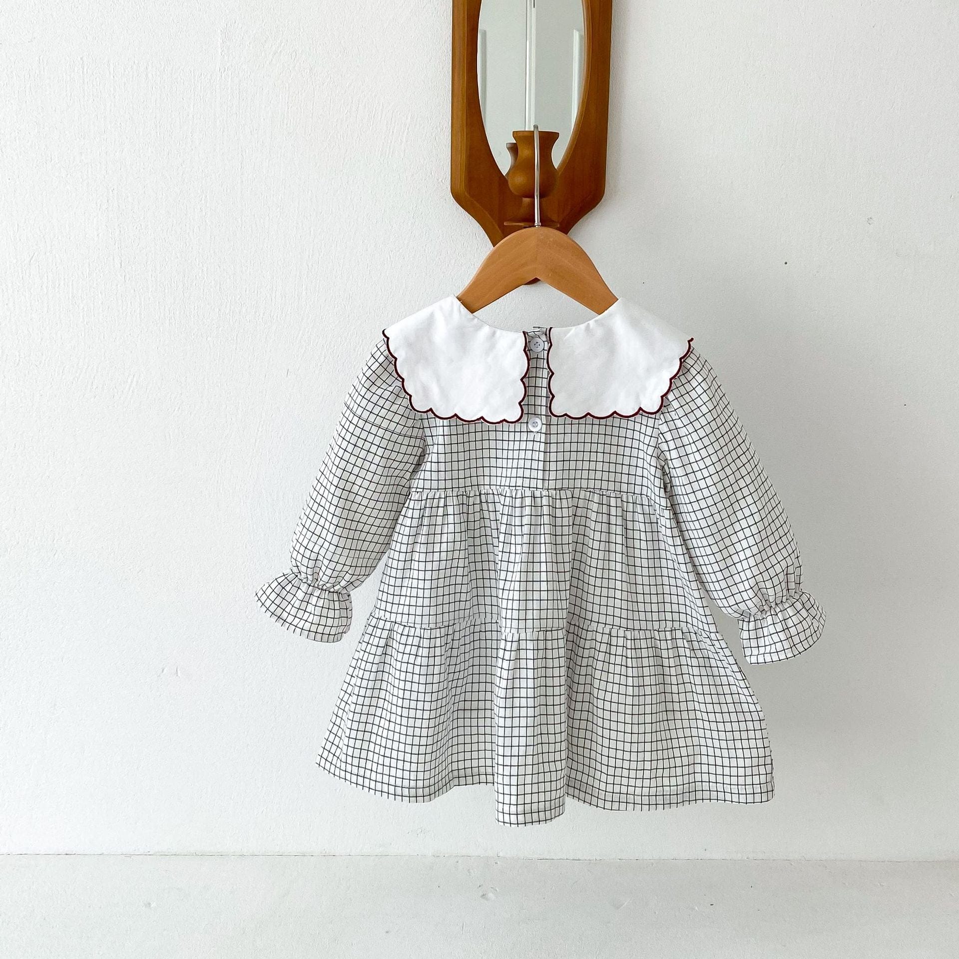 長袖ワンピース チェックフラワー刺繍襟長袖ワンピース【mh0009259】