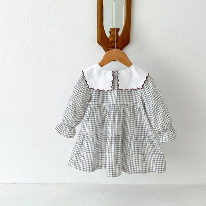 長袖ワンピース チェックフラワー刺繍襟長袖ワンピース【mh0009259】