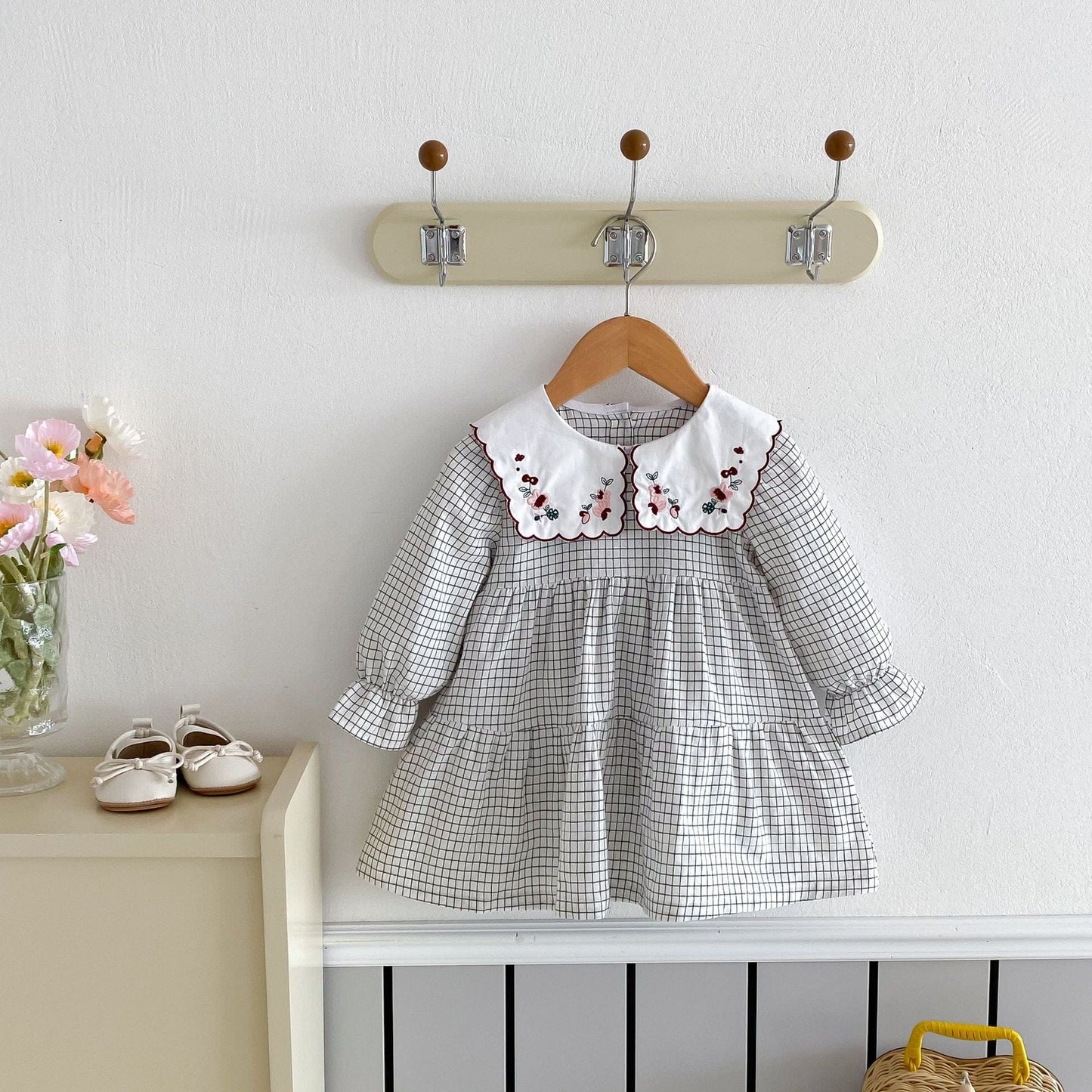 長袖ワンピース チェックフラワー刺繍襟長袖ワンピース【mh0009259】