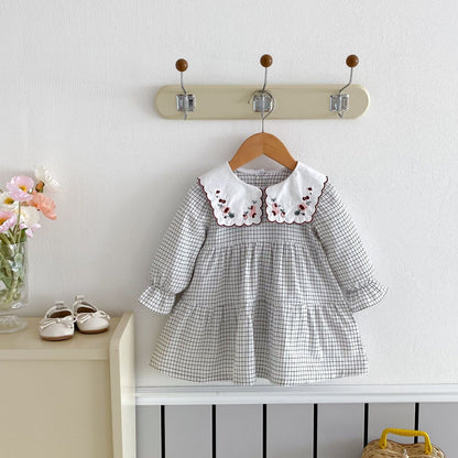 長袖ワンピース チェックフラワー刺繍襟長袖ワンピース【mh0009259】