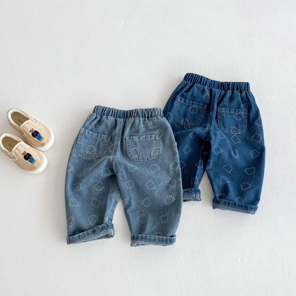 デニムパンツ ベアくまプリントデニムストレートパンツジーンズ【mh0009261】