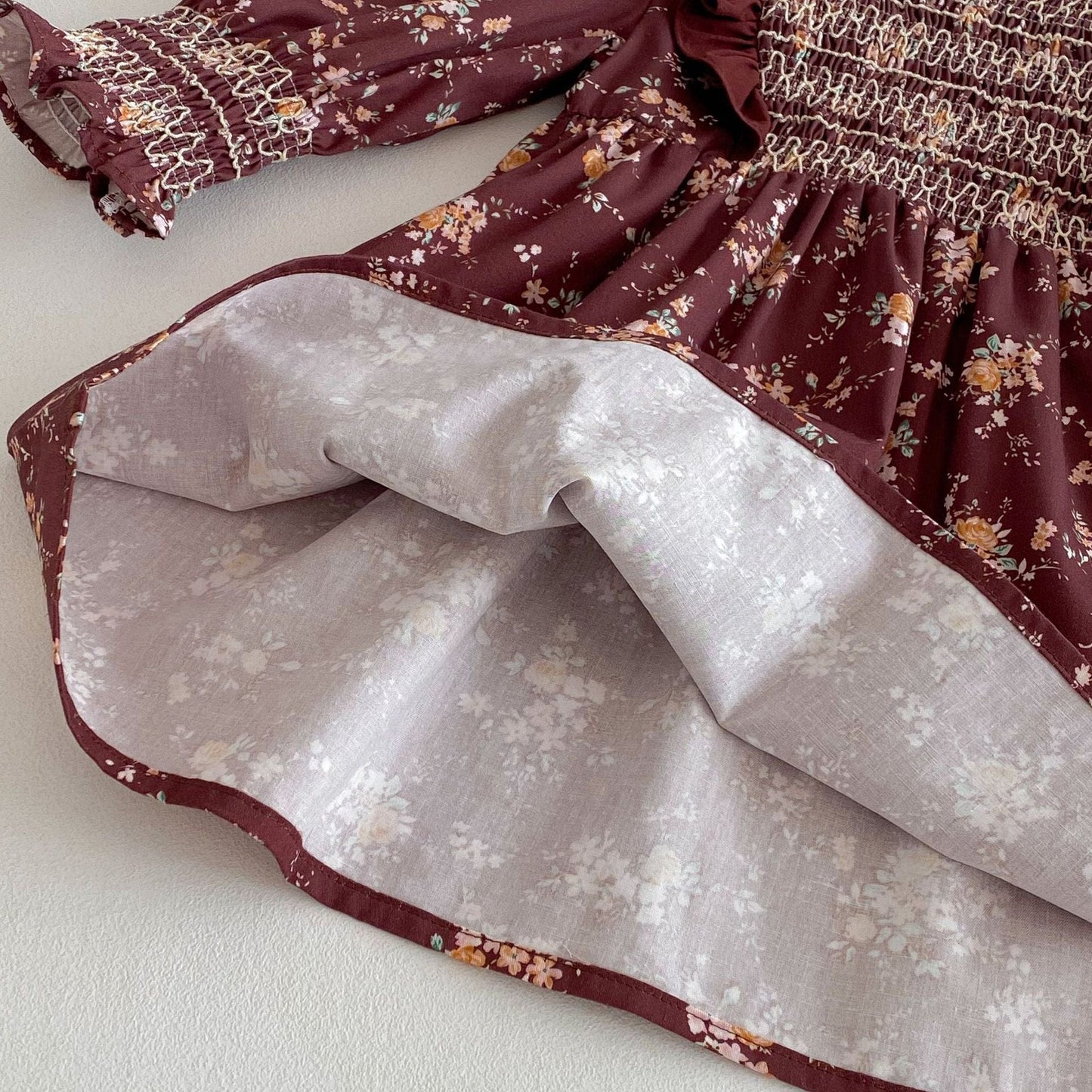 長袖ワンピース ボヘミアンフラワープリントシャーリング長袖ワンピース【mh0009264】