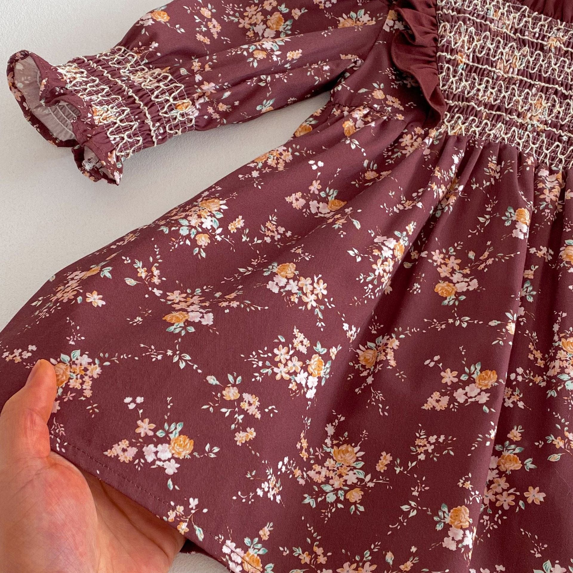 長袖ワンピース ボヘミアンフラワープリントシャーリング長袖ワンピース【mh0009264】