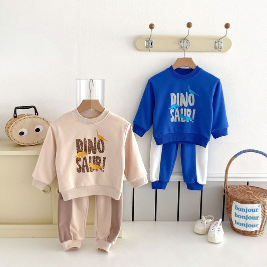 長袖セットアップ ダイナソープリントスウェットセットアップ 長袖スウェットシャツ+パッチワークスウェットパンツ【mh0009265】