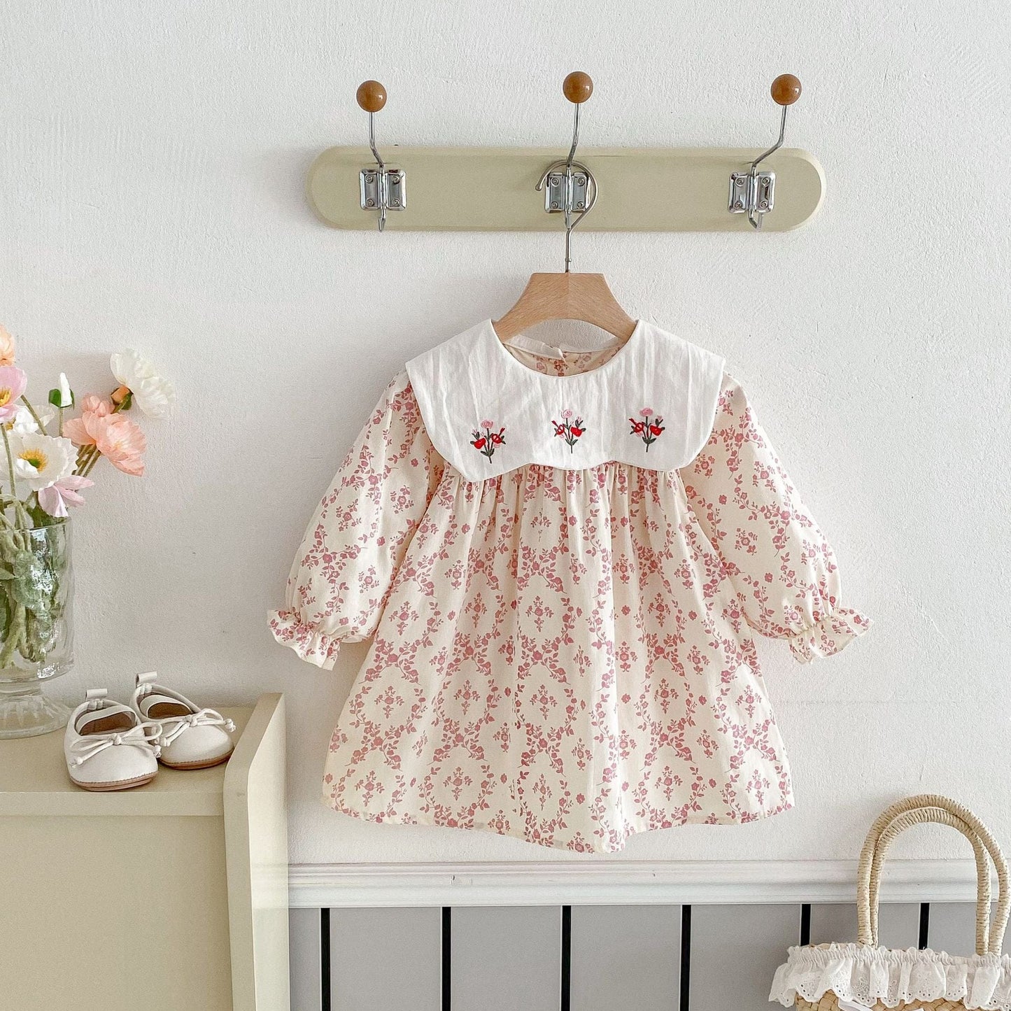 長袖ワンピース フラワー刺繍ビッグ襟長袖ワンピース【mh0010646】