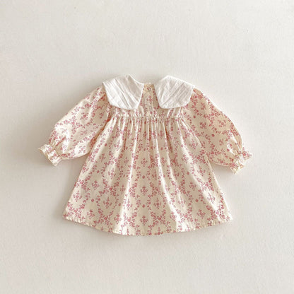 長袖ワンピース フラワー刺繍ビッグ襟長袖ワンピース【mh0010646】