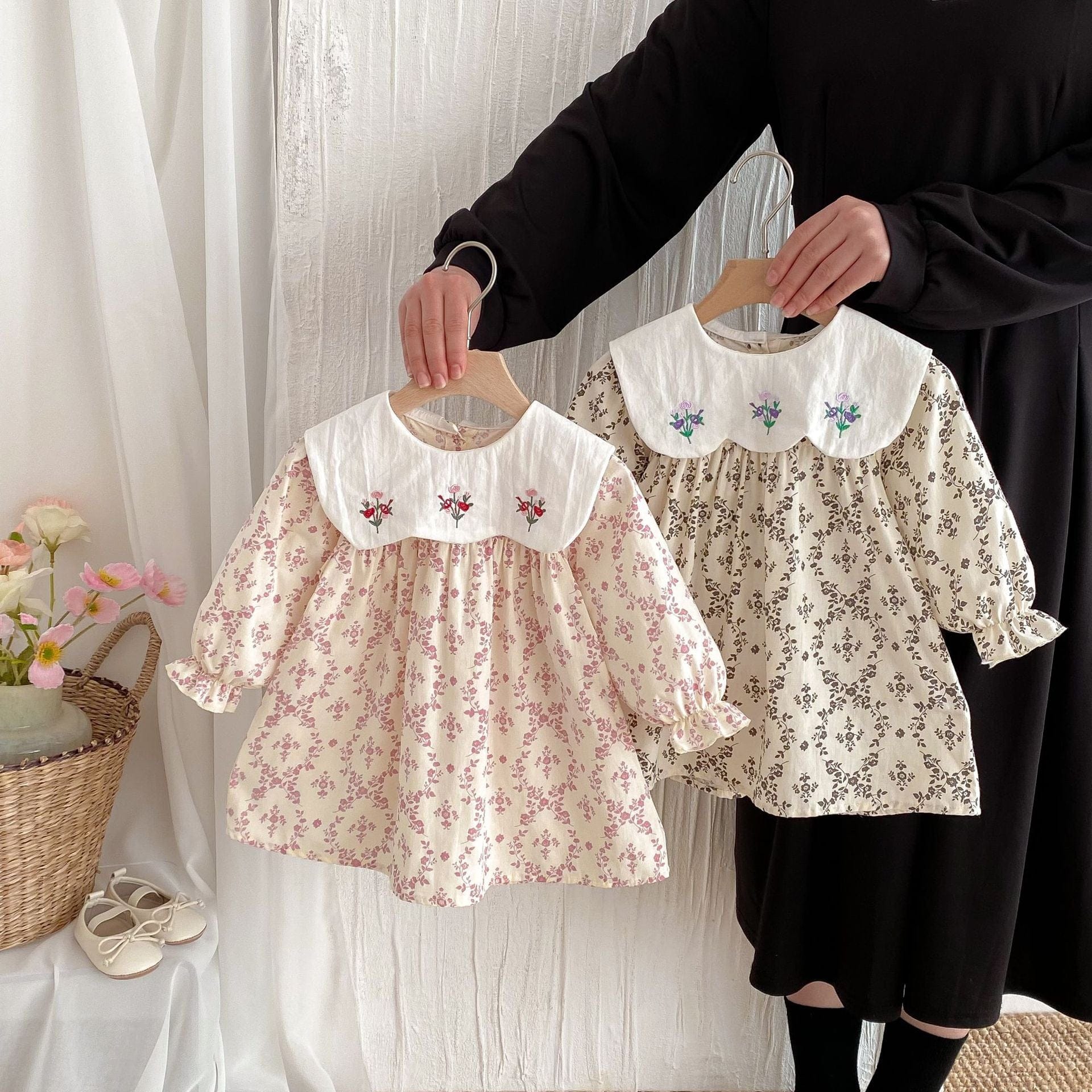 長袖ワンピース フラワー刺繍ビッグ襟長袖ワンピース【mh0010646】