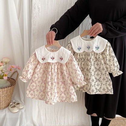 長袖ワンピース フラワー刺繍ビッグ襟長袖ワンピース【mh0010646】