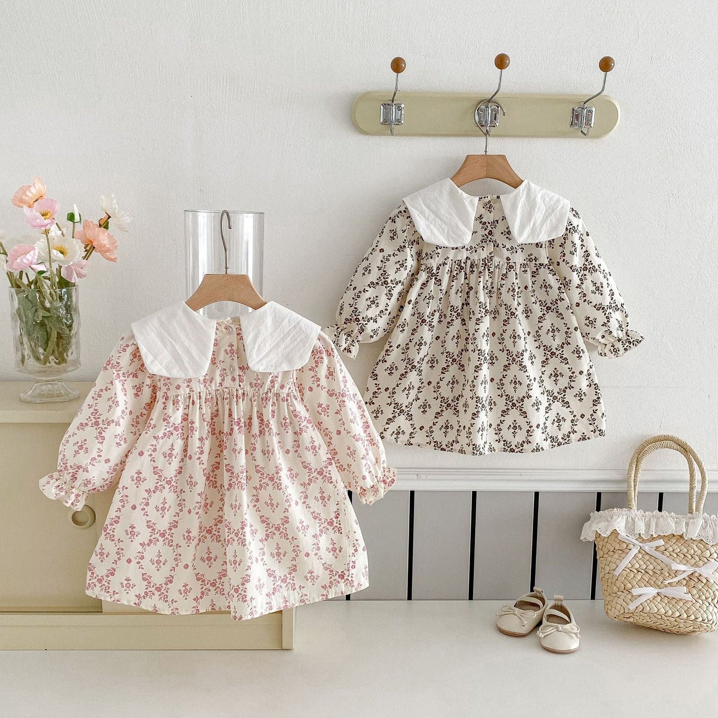 長袖ワンピース フラワー刺繍ビッグ襟長袖ワンピース【mh0010646】